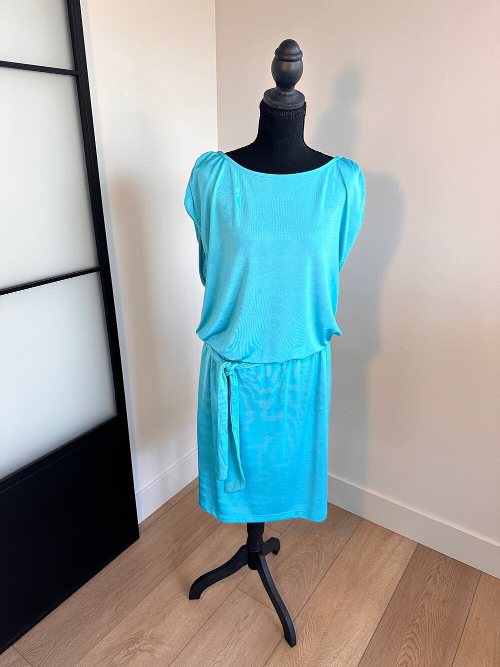 Boston Proper Silky Teal Gathered Sleeve Dress with Tie Size XL